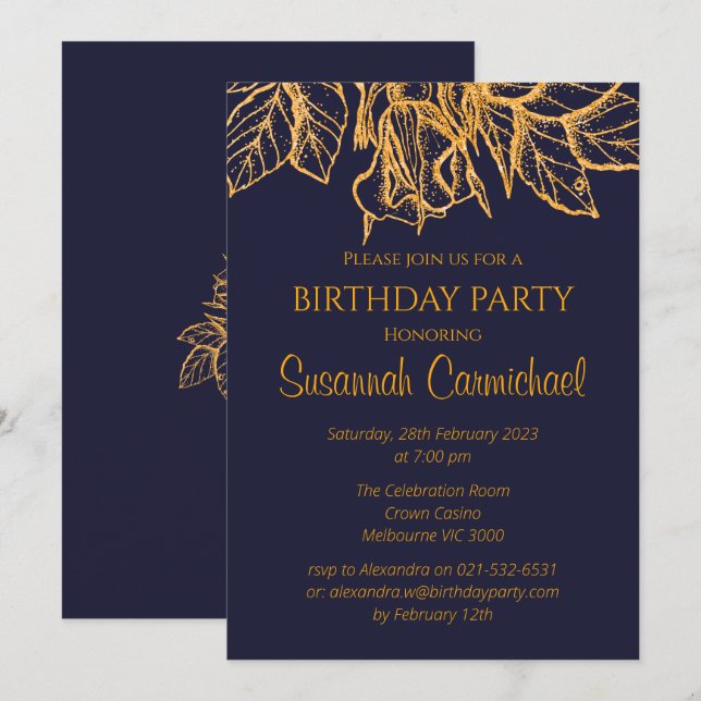 Invitation Anniversaire élégant en bleu et or de minuit (Devant / Derrière)