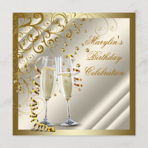 Invitation Anniversaire élégant ivoire et or pour femme