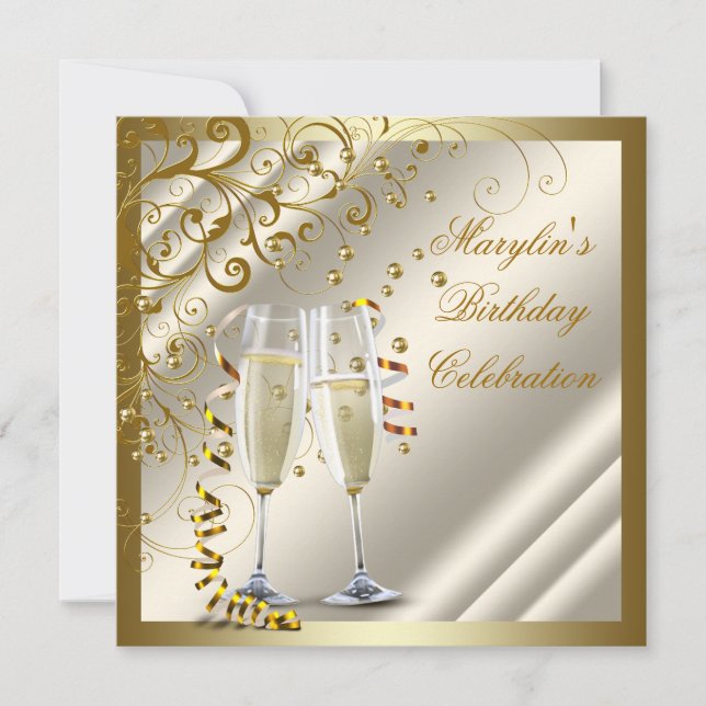 Invitation Anniversaire élégant ivoire or pour femme (Devant)