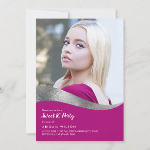 Invitation Anniversaire élégant magenta sweet sixteen argent