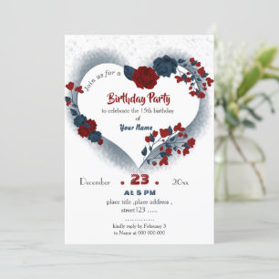 Invitation anniversaire élégant marine & coeur floral rouge