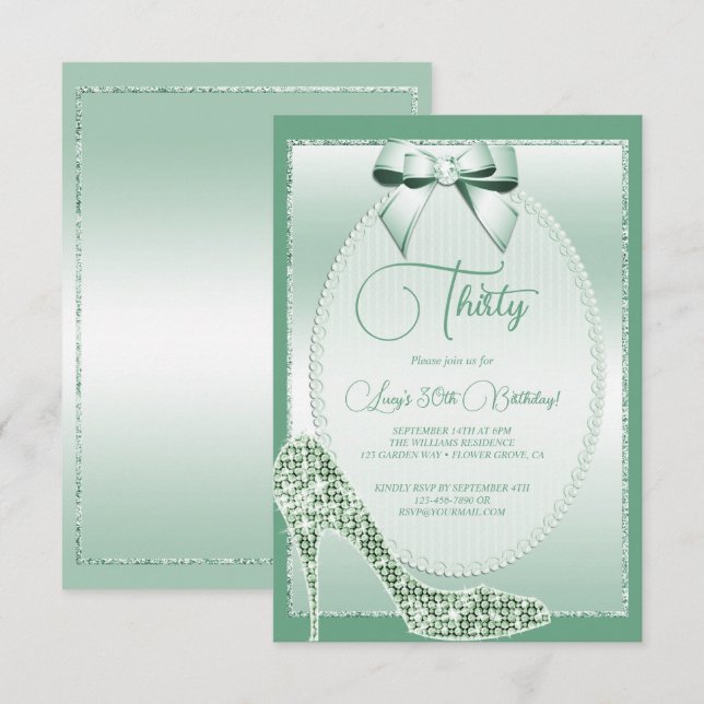 Invitation Anniversaire Elégant Mint Green Bow & Stiletto (Devant / Derrière)