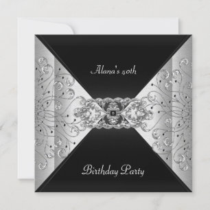 Invitation Anniversaire Élégant Noir Argent Fête de Mariage