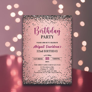Invitation Anniversaire élégant noir paillettes métallisé ros