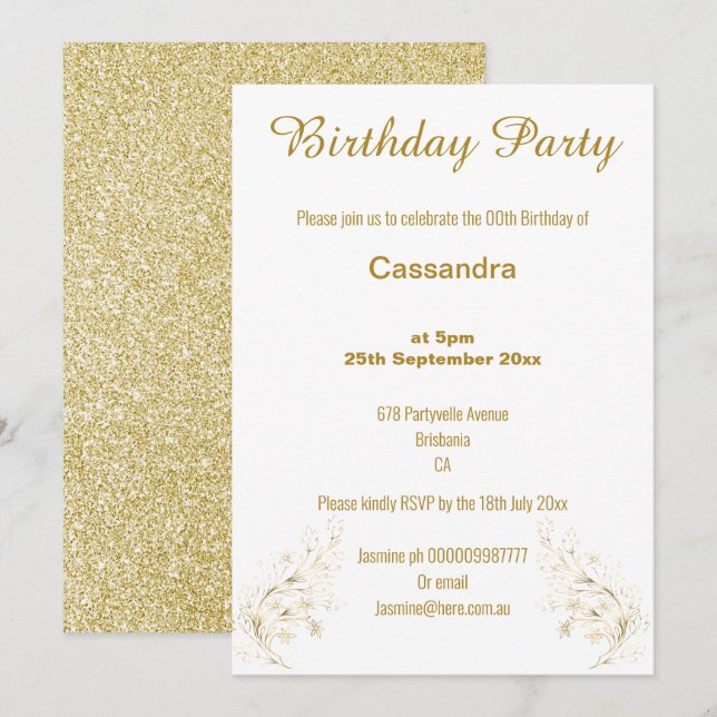 INVITATION ANNIVERSAIRE ÉLÉGANT OR ET PARTIES SCINTILLANT BLA (Devant / Derrière)