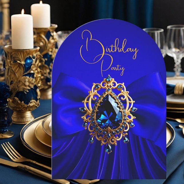 Invitation Anniversaire élégant Royal Blue Bow Gold Jewel (Créateur téléchargé)