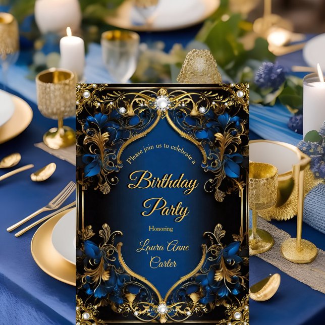 Invitation Anniversaire élégant Royal Blue Gold Pearl (Créateur téléchargé)