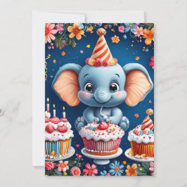 Invitation Anniversaire éléphant avec gâteau et ballons
