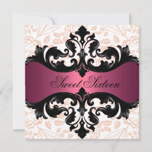 Invitation anniversaire en damas floral rose chaud