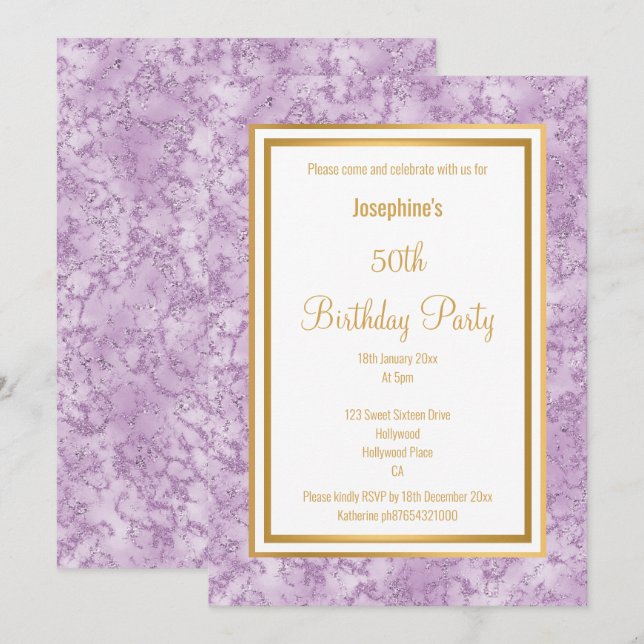 INVITATION ANNIVERSAIRE EN MARBRE FRONTIÈRE ÉLÉGANTE LILAC (Devant / Derrière)