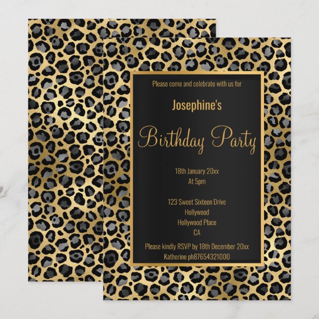 INVITATION ANNIVERSAIRE EN NOIR ET EN OR 2 LÉOPARD (Devant / Derrière)