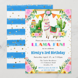 Invitation Anniversaire Enfant Llama Floral Été Aquarelle