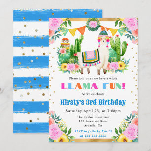 Invitation Anniversaire Enfant Llama Floral Été Aquarelle