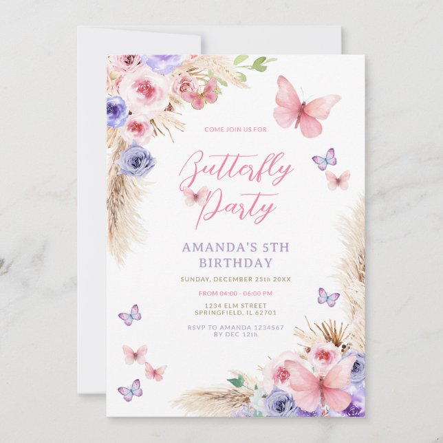 Invitation Anniversaire Enfant Rose Papillons Violets (Devant)