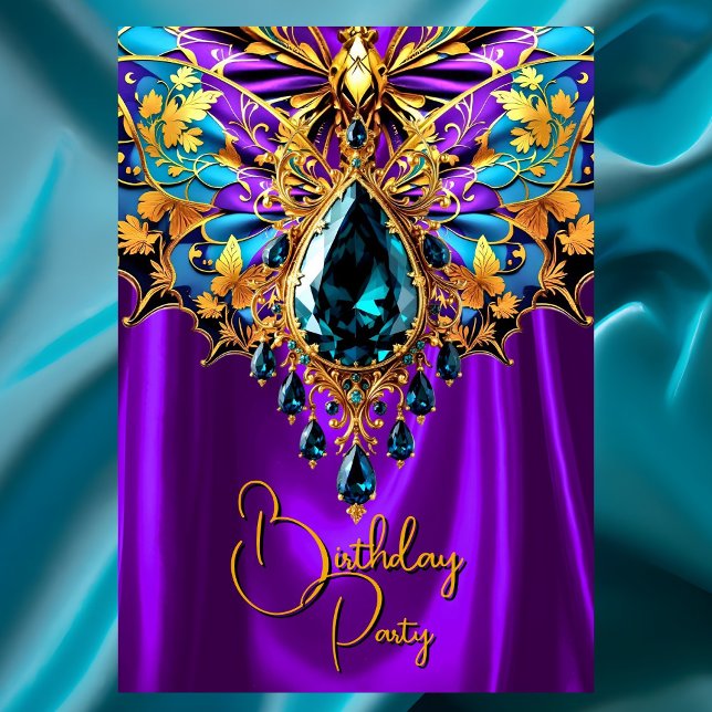 Invitation Anniversaire exotique violet turquoise Bijou d'or  (Créateur téléchargé)