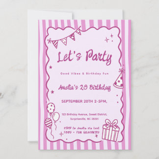 Invitation Anniversaire Fantaisiste avec des Rayures Roses et