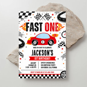 Invitation Anniversaire Fast One Voiture de Course Rouge 1 an