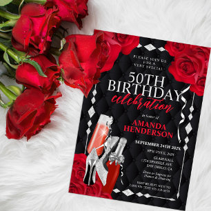 Invitation Anniversaire Femme Rouge et Argent