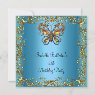 Invitation Anniversaire fête 21e papillon Turquoise Blue Gold