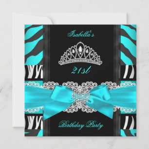 Invitation Anniversaire Fête 2 Tiara Zèbre Noir Blanc Bleu Tu