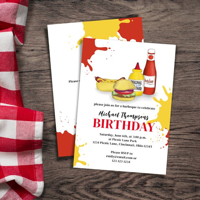 Invitation Anniversaire Fête Custom Outdoor BBQ (Birthday invitation with hamburger, hotdog, ketchup, and mustard. With a scannable QR Code. )