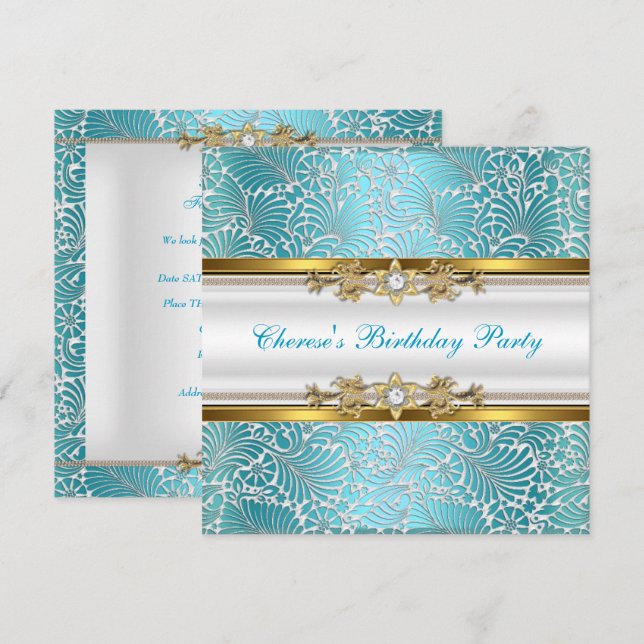 Invitation Anniversaire Fête Damas Turquoise Bleu Or Blanc Di (Devant / Derrière)