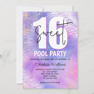 Invitation Anniversaire Fête de piscine Sweet 16 Violet