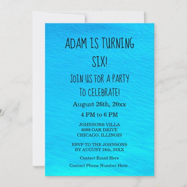 Invitation Anniversaire Fête Eau Bleue Nom personnalisé Cool (Devant)