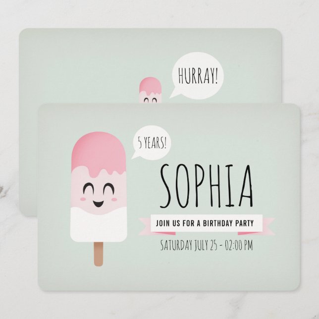Invitation Anniversaire Fête Girl Cute Retro Icecr (Devant / Derrière)