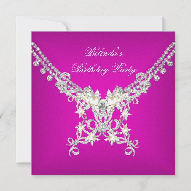 Invitation Anniversaire Fête Hot rose Blanc Silver Pearl Jewe (Devant)
