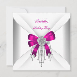 Invitation Anniversaire Fête Hot rose Bow Argent Blanc Diaman