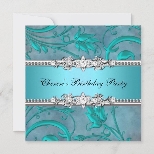Invitation Anniversaire Fête Joli Turquoise Floral Diamond Im (Devant)