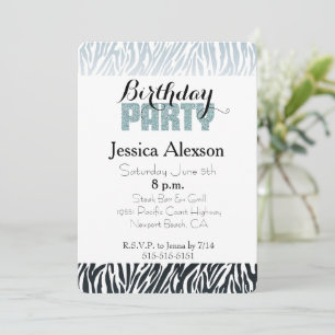 Invitation Anniversaire Fête Paillettes Zèbre Noir Bleu Sauva