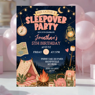 Invitation Anniversaire Fête Pyjama de Camping Rose Bohème