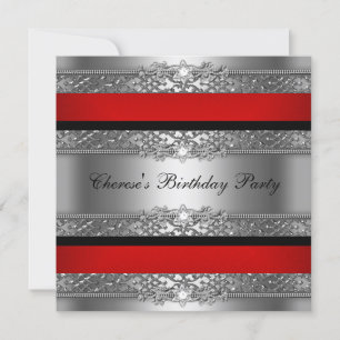 Invitation Anniversaire Fête Rouge Argent Noir Diamant