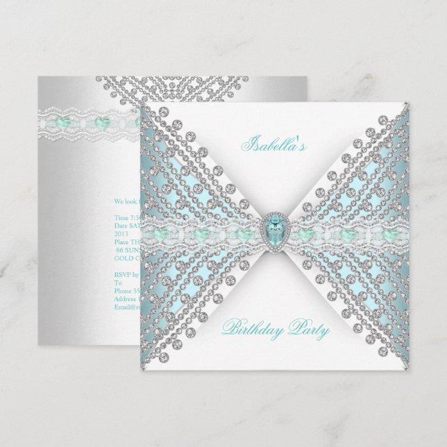 Invitation Anniversaire Fête TURQUOISE BLUE Argent Blanc Diam (Devant / Derrière)