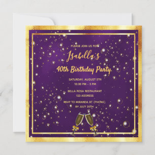 Invitation Anniversaire fête violet bulles d'or fun