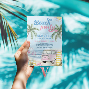 Invitation anniversaire fille enfant plage bleu ro