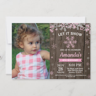Invitation Anniversaire Fille Hiver Rustique Flocon de Neige 