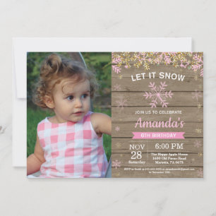 Invitation Anniversaire Fille Hiver Rustique Flocon de Neige 