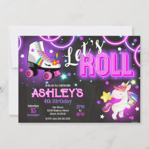 Invitation Anniversaire Fille Licorne Roller Skating Neon Glo