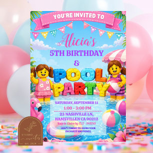 Invitation Anniversaire Fille Piscine Colorée Briq