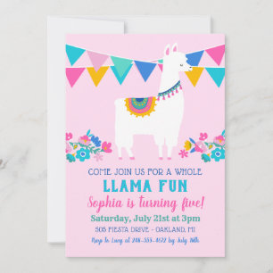 Invitation Anniversaire Fille Rose Floral Fun Lama Entier