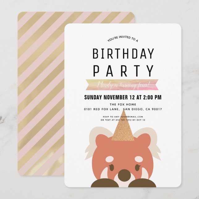 Invitation Anniversaire Fille Rose Simple Pandas Rouges (Devant / Derrière)