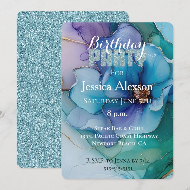 Invitation Anniversaire Fleur Florale Violet Pailleté Bleu sa (Devant / Derrière)