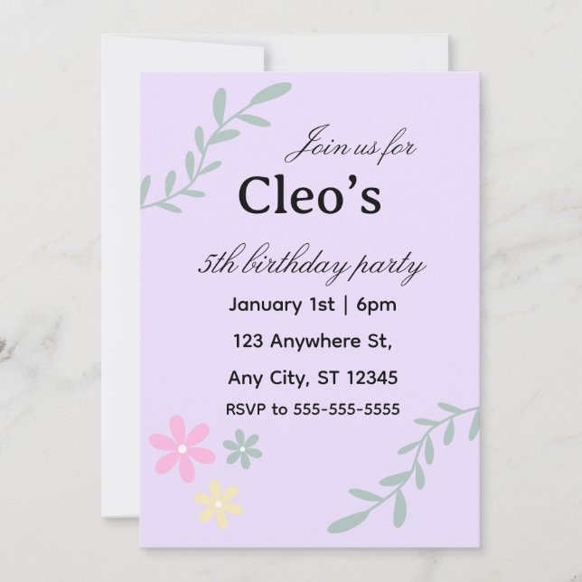 Invitation anniversaire fleur modifiable (Devant)