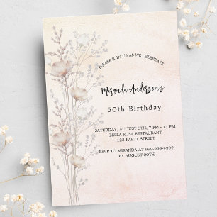 Invitation anniversaire fleur sauvage de luxe rose crème