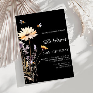 Invitation anniversaire fleur sauvage noir jaune violet