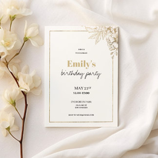 Invitation Anniversaire fleuri élégant en or blanc de luxe