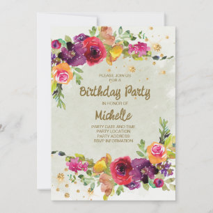 Invitation Anniversaire Fleurie Pailleté Or Violet Élégant